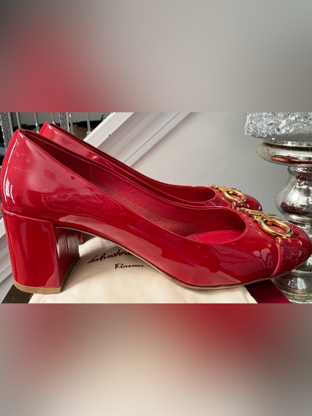 PRICE FIRM Salvatore Ferragamo Red Patent Leather Pumps w Gancini Gold Hardware - Picture 2 of 6